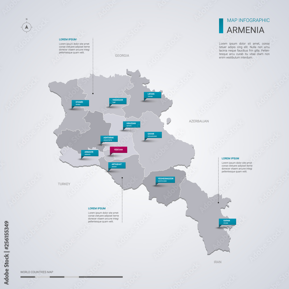 Fototapeta Armenia vector map with infographic elements, pointer marks.