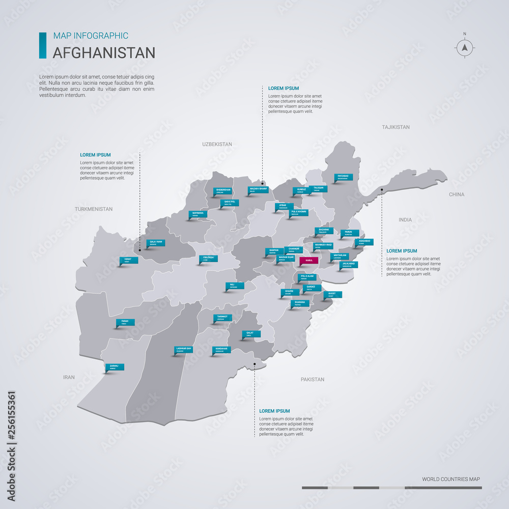 Afghanistan vector map with infographic elements, pointer marks.