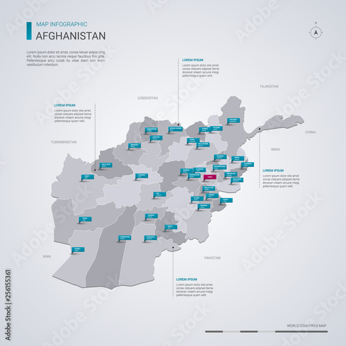 Afghanistan vector map with infographic elements, pointer marks.