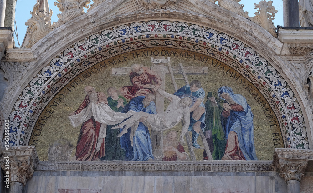 Deposition Jesus Christ From The Cross, mosaic from upper facade of the Basilica San Marco, St. Mark's Square, Venice, Italy, UNESCO World Heritage Sites 
