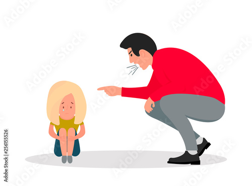 Family violence. Angry man screams at scared daughter. Little girl crying covering her face.