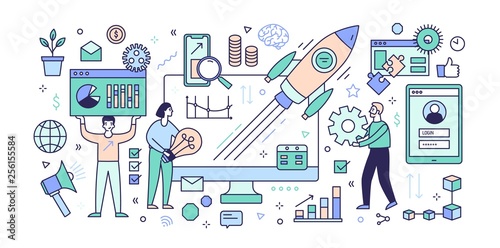 Creative banner template with computer, diagrams, charts, flying rocket or sp...