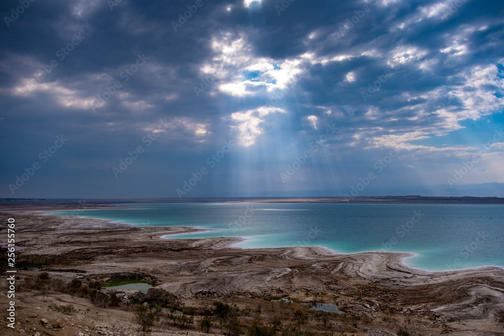 Beautiful green white salty coastline of Dead sea in Jordan