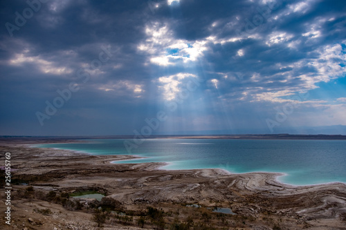 Beautiful green white salty coastline of Dead sea in Jordan