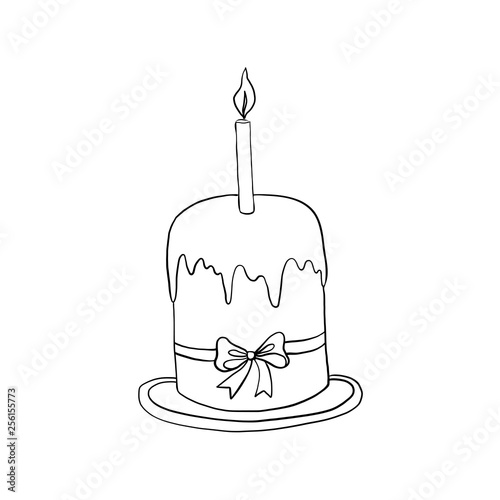 Hand drawn vintage of Happy Easter symbol, Paschal cake with candle on plate, vector ink sketch illustration isolated on white, decorative line art style for holiday design, greeting card, invitation