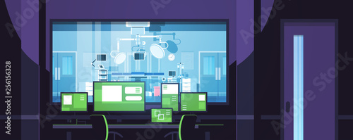 monitors displaying medical information control center office behind glass window hospital operating table surgery room surveillance security system flat horizontal banner