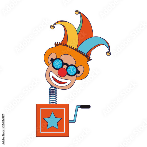 Joke suprise box with clown cartoon blue lines