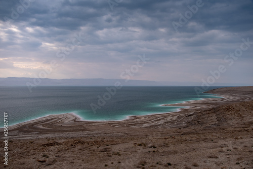 Beautiful green white salty coastline of Dead sea in Jordan © Vesna