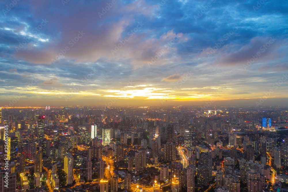 shanghai city skyline in sunset