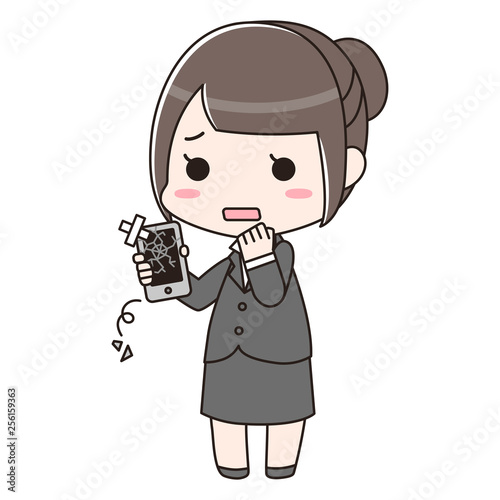 スマートフォンが壊れて困っているスーツの女性