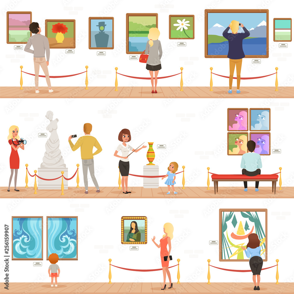 Cute cartoon visitors and guide characters in art museum. People admire paintings and sculptures in the gallery. Vertical flat banners. Vector illustration.