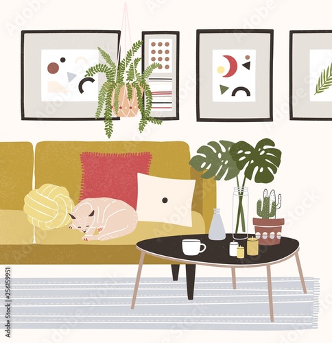 Cute cozy room with cat sleeping on comfy sofa, coffee table, potted plants, home decorations. Comfortable house or apartment decorated in modern Scandinavian hygge style. Flat vector illustration.