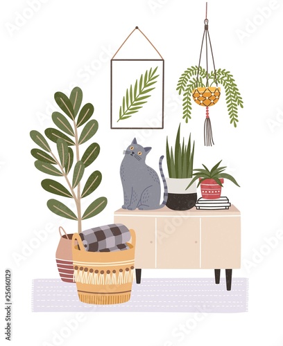 Cozy room interior with cat sitting on cupboard or sideboard, houseplants in pots, wall picture, basket. Composition with furniture and home decorations in hygge style. Flat vector illustration.