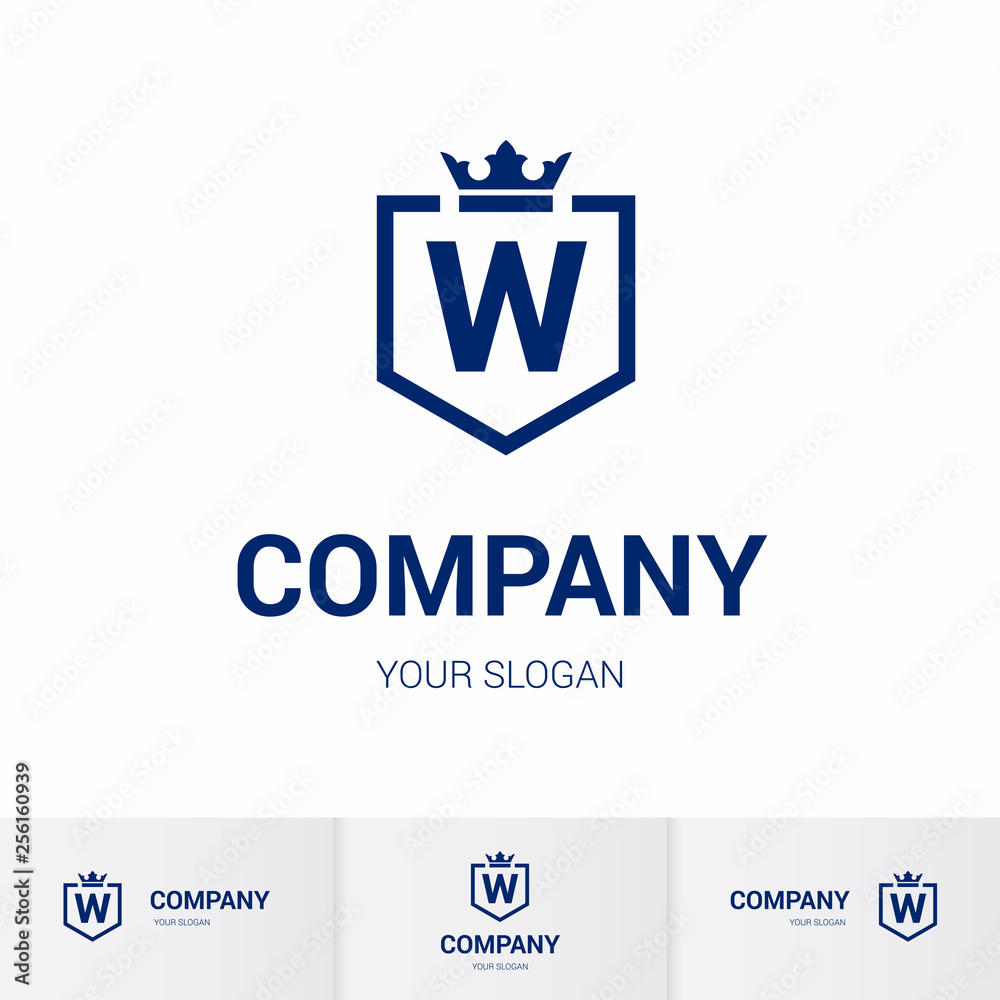 Obraz premium Illustration of Shield Badge-Shape with letter W in the Middle and Luxury Crown. Logo Icon Template for Web and Business Card, Letter Logo Template on White Background