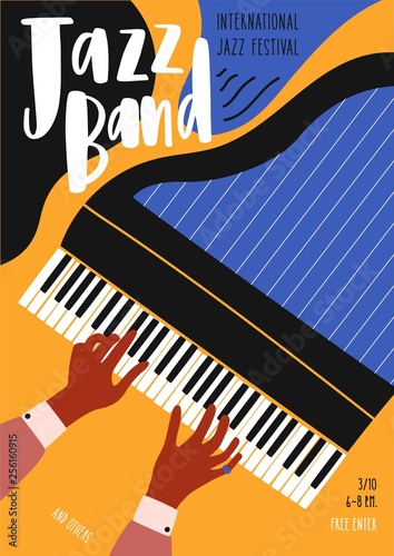 Flyer or poster template for jazz festival, concert, music performance with pianist's hands playing grand piano and lettering. Vector illustration in contemporary flat style for musical event promo.