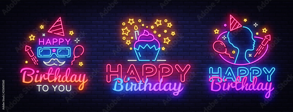 Happy birthday neon sign design template Vector Image