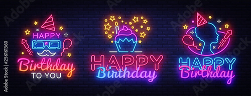 Photo Happy Birthday neon signs set design template