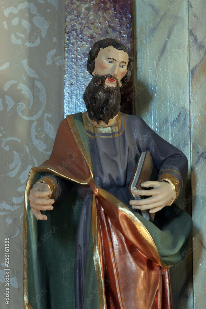 Obraz premium Saint Paul, statue on the altar of Our Lady of Sorrows in Saints Cosmas and Damian church in Vrhovac, Croatia
