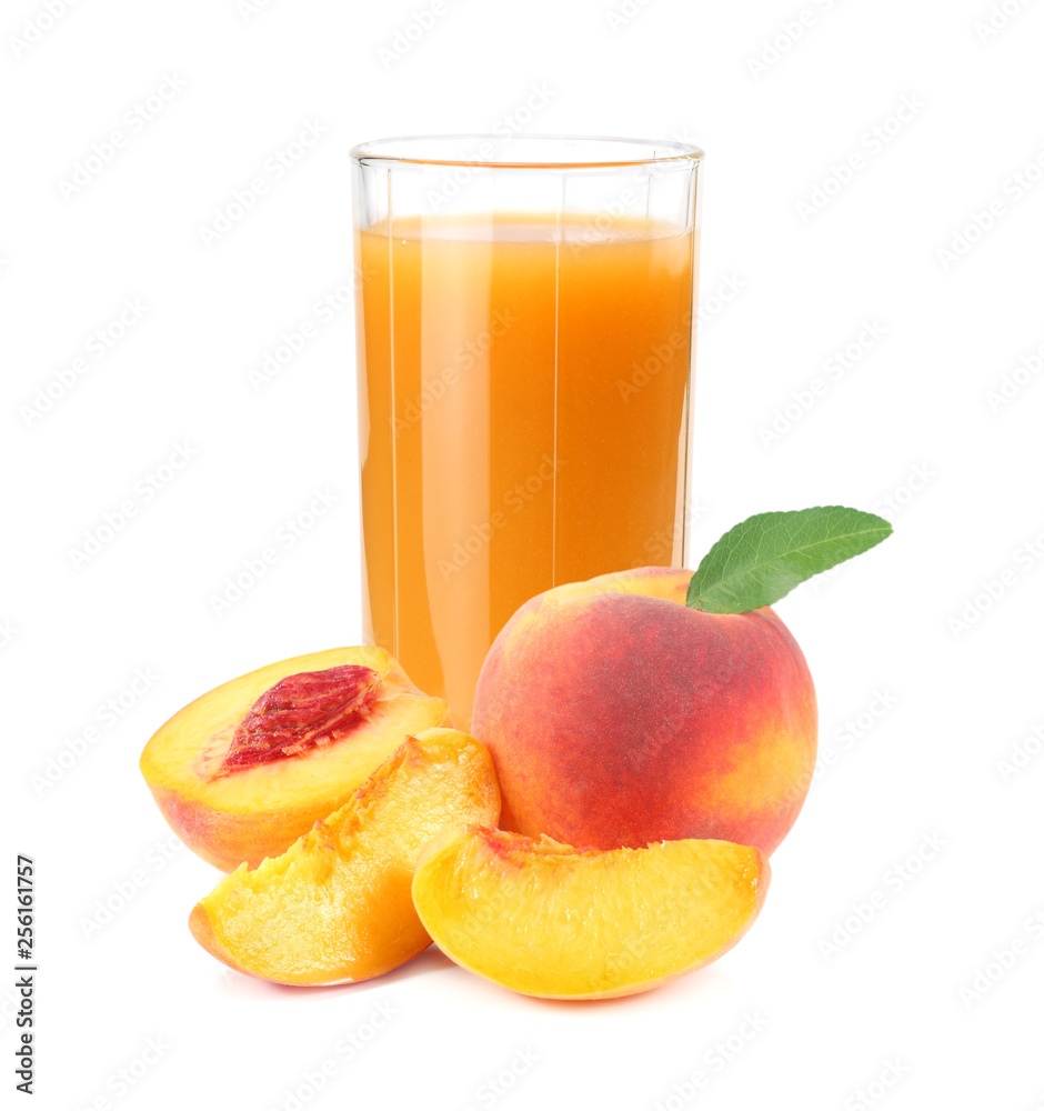 glass of peach juice with peach fruit and slices isolated on white background. glass of peach juice with peach fruit and slices isolated on white background.