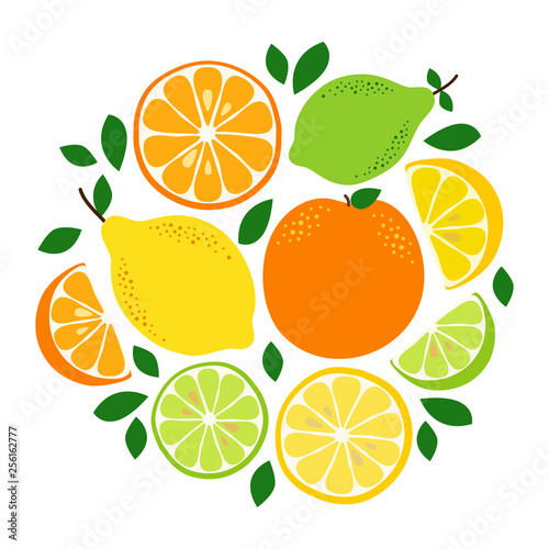 Cute Citrus Fruits Lemon, Lime and Orange background in vivid tasty colors ideal for Fresh Lemonade