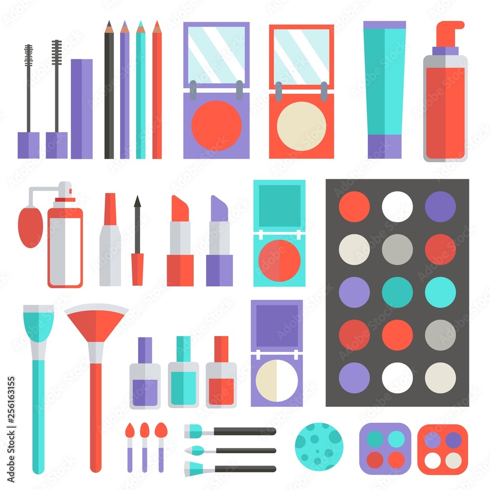 Flat women makeup cosmetics lying on the table with a mirror background concept. Vector illustration design template Flat women makeup cosmetics lying on the table with a mirror background concept. Vector illustration design template
