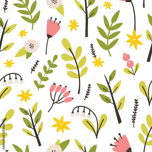 Floral seamless pattern with spring blooming perennial flowers on white background