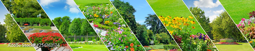 Spring gardens with beautiful flowers and lawns. Panoramic collage. Wide photo. photo