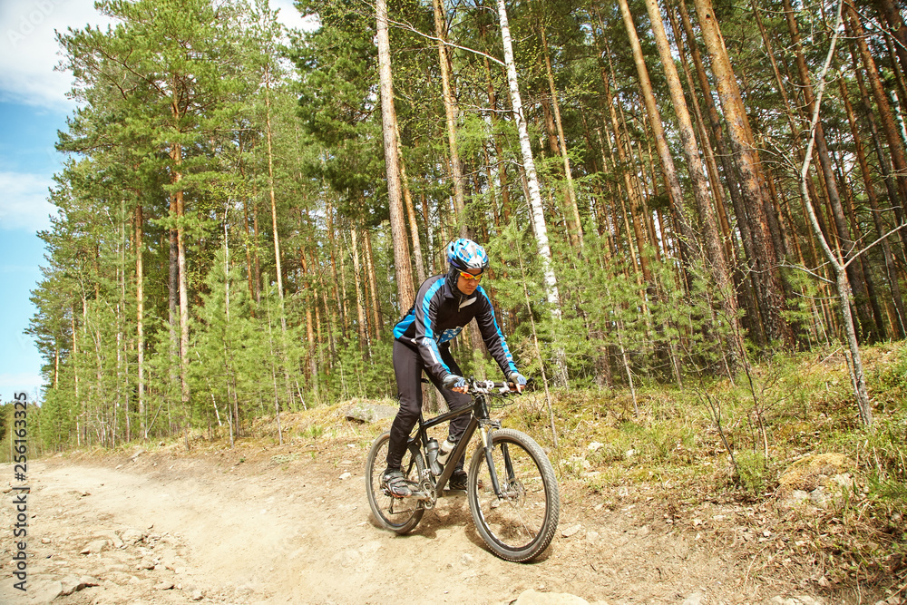 Fototapeta premium cyclist riding a mountain bike along forest road