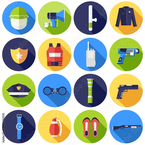police uniform and set protection icons on isoleted background. Flat style bright concept. Vector illustration for colorful template for you design, web and mobile applications