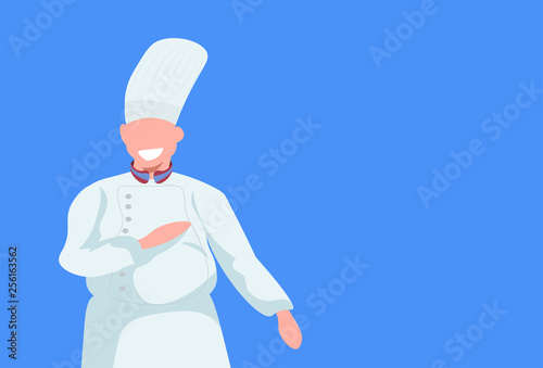 male cook chef man in white uniform food cooking professional occupation concept restaurant kitchen worker portrait flat blue background horizontal