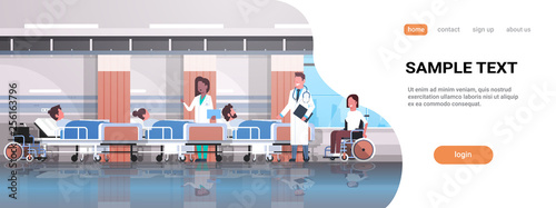 doctors team visiting disabled mix race patients sitting wheelchair lying bed intensive therapy ward healthcare concept hospital clinic room interior horizontal copy space