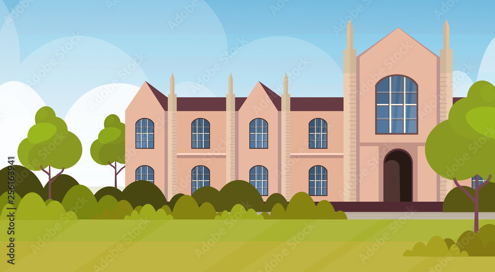 Naklejka premium modern national university or college building exterior view empty front yard with green grass and trees landscape graduation education concept flat horizontal