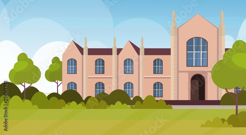 modern national university or college building exterior view empty front yard with green grass and trees landscape graduation education concept flat horizontal