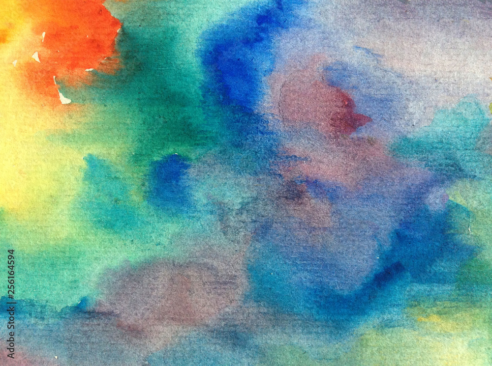 Obraz premium Watercolor abstract bright colorful textural background handmade . Painting of sky and clouds during sunset . Modern cosmic pattern . Shine