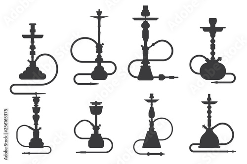 Hookah silhouette shisha turkish aroma lifestyle oriental culture smoke cloud arabian cafe set vector illustration