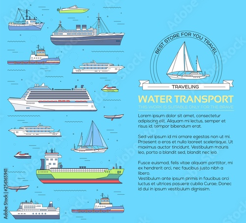 Set of thin line ship flat yacht, scooter, cargo, steamship, ferry, fishing boat, tug, bulk carrier, vessel, pleasure, cruise with sea background concept. Vector outline illustration