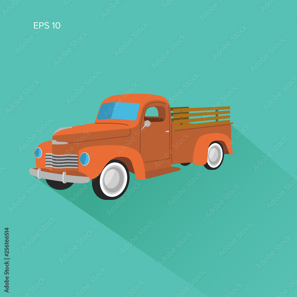 Old retro farmer pickup truck flat design vector illustration icon.