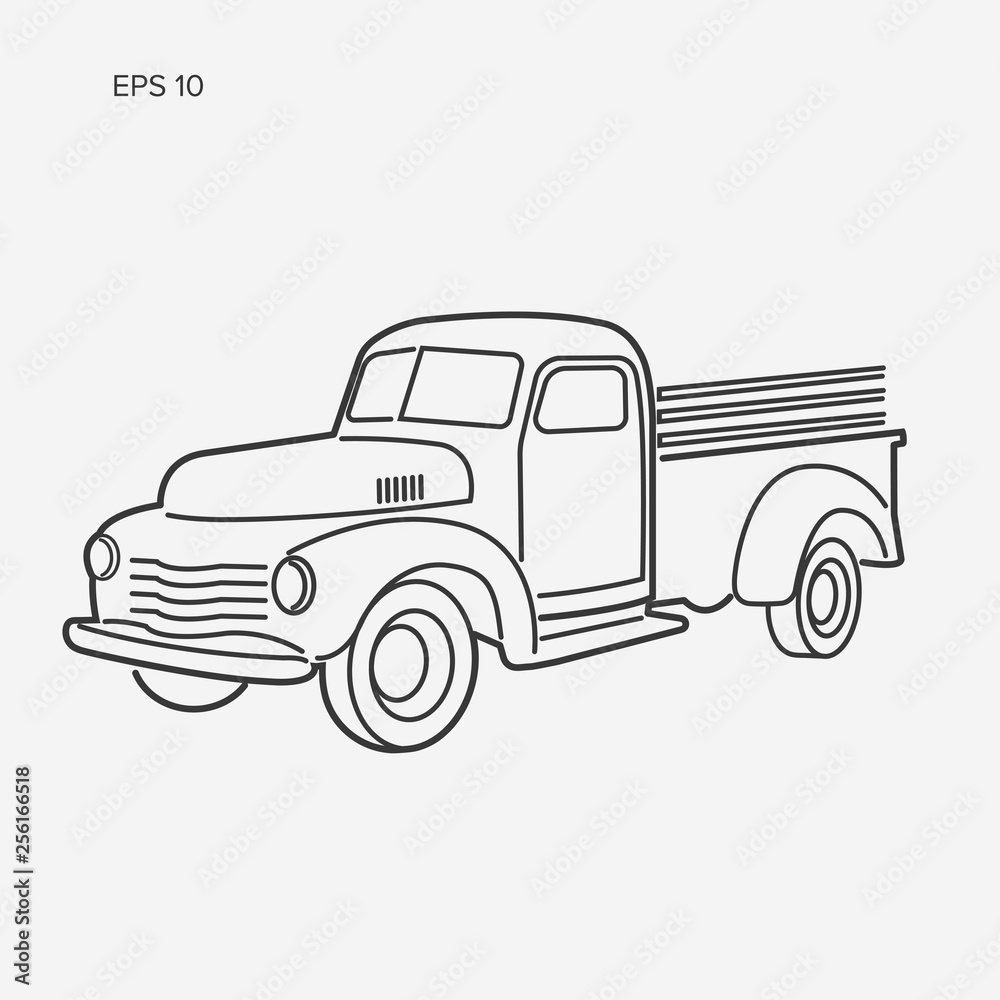 Old retro farmer pickup truck line art vector illustration icon. Stock