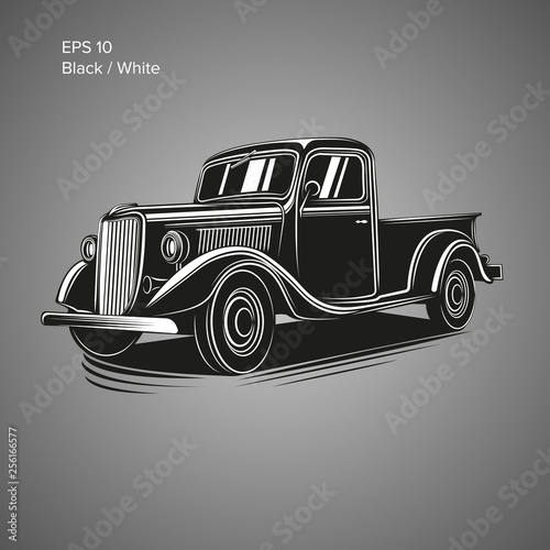 Old retro pickup truck vector illustration. Vintage transport vehicle