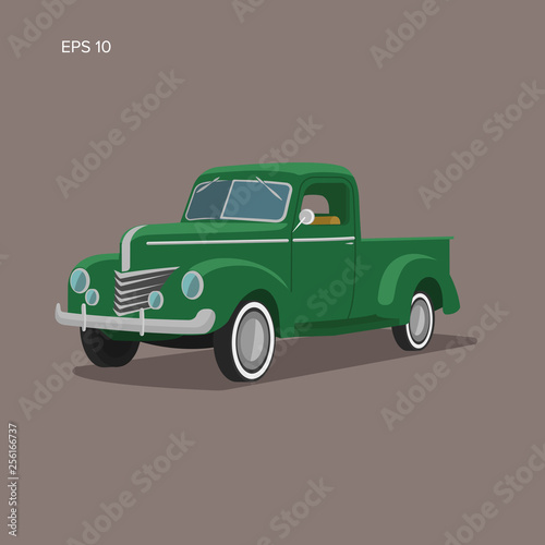Old retro pickup truck vector illustration. Vintage transport vehicle