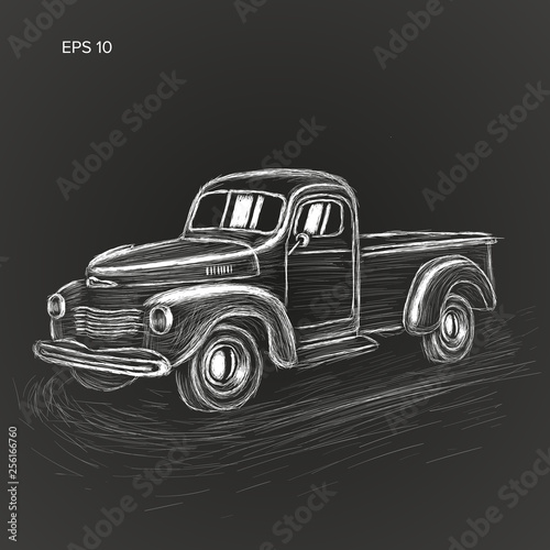 Old retro farmer pickup truck vector illustration. Hand drawn icon.