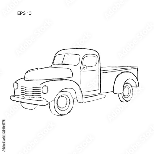 Old retro farmer pickup truck vector illustration. Hand drawn icon.