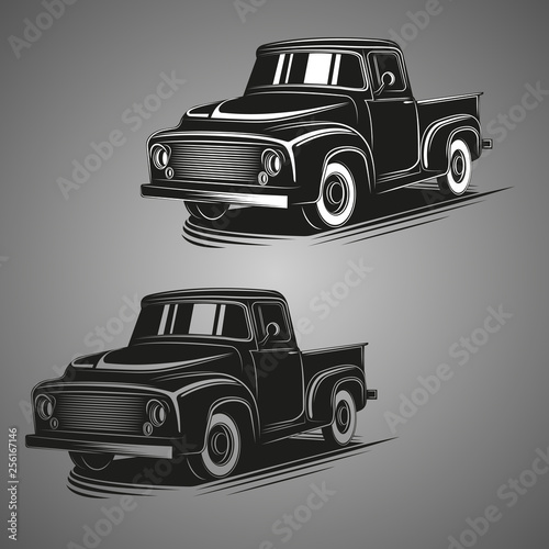 Old retro pickup truck vector illustration. Vintage transport vehicle