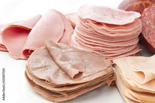 Big Group of Thin Sliced Meat  on White Background