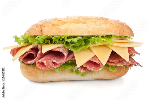   sub sandwich with rolled salami, cheese and lettuce isolated on white