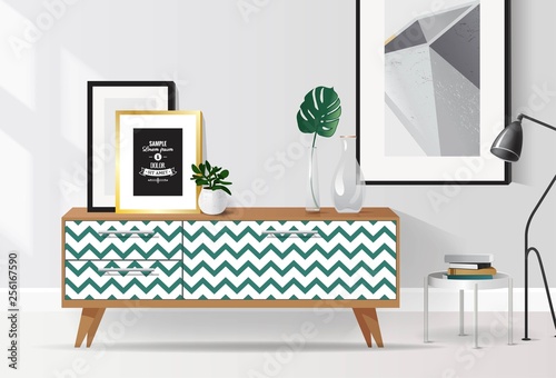 Wooden sideboard with plants and posters on it against white wall. Modern interior with tropical elements and geometric patterns. Vector illustration