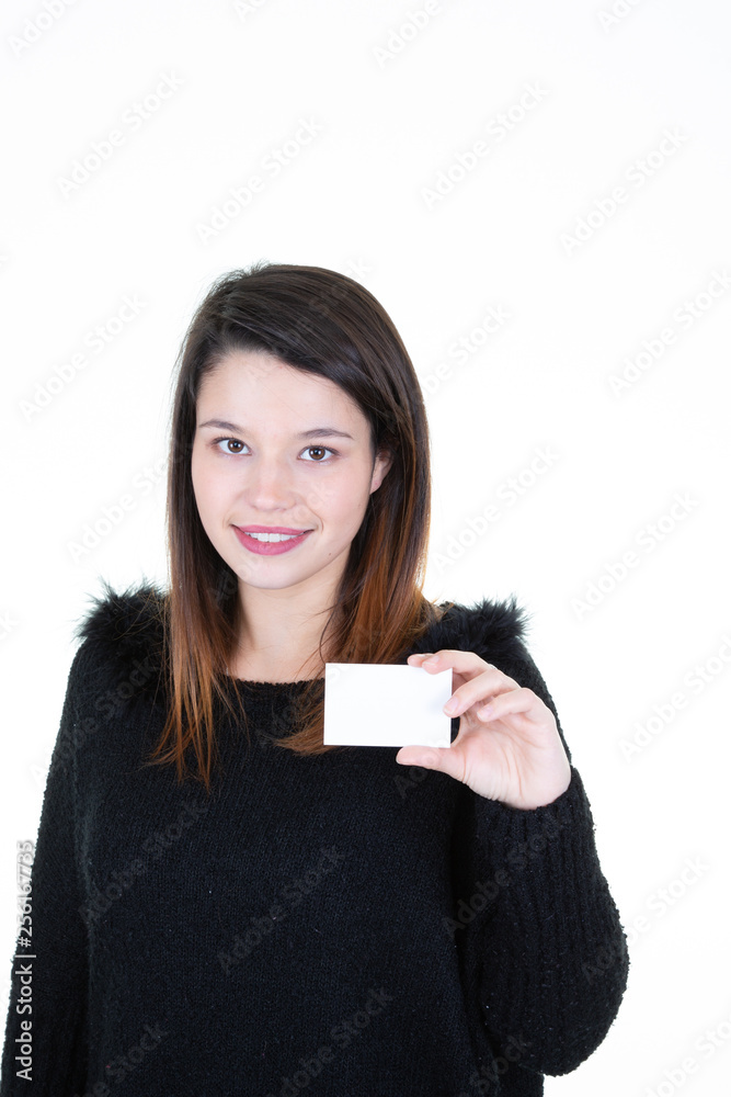 Portrait of young smiling business woman holding credit card blank Portrait of young smiling business woman holding credit card blank