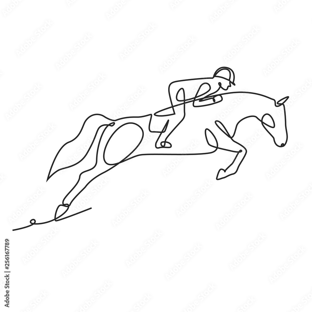 Drawing a continuous line. Jockey riding a horse on white isolated background