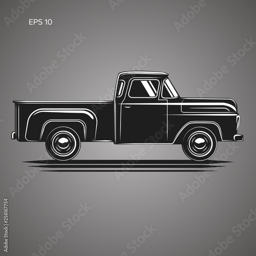 Old retro pickup truck vector illustration. Vintage transport vehicle
