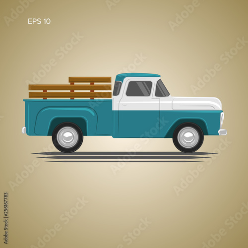 Old retro pickup truck vector illustration. Vintage transport vehicle